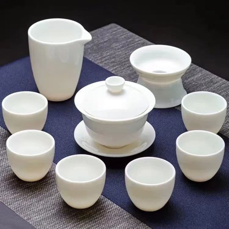Mutton Fat Jade White Porcelain Kung Fu Lid Bowl Tea Set, Home and Office Reception Brewing Tea Gift Complete Set, Factory Cross-Border Wholesale