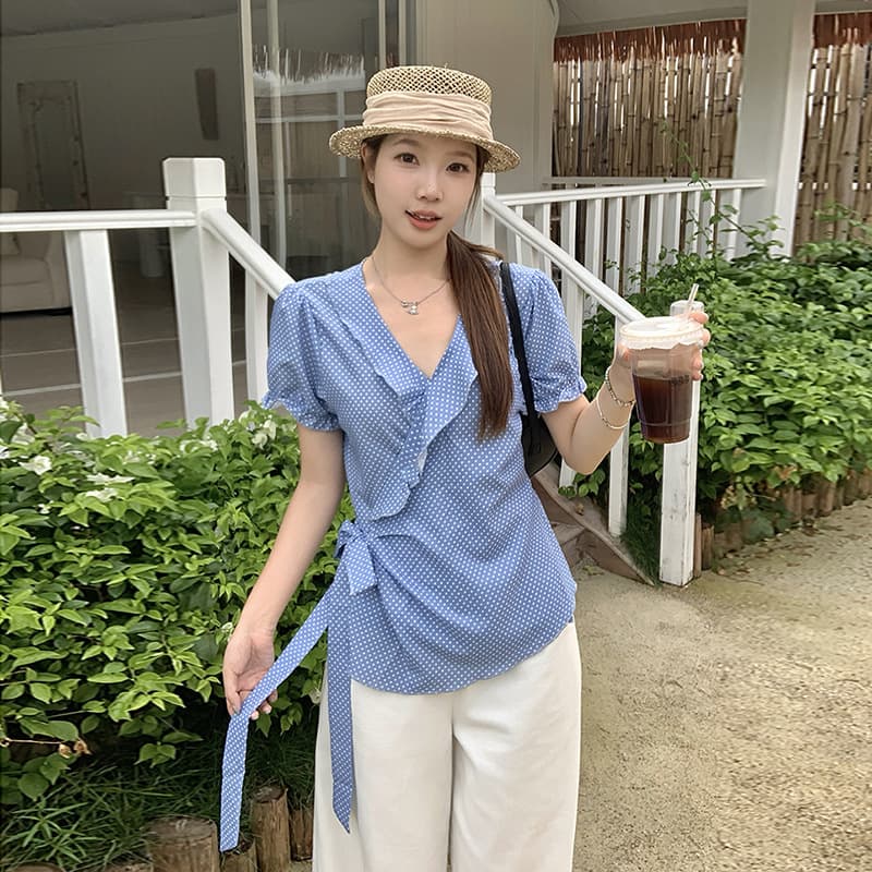 2026 new summer style fat mm plus size women's French puff sleeve ruffled strap short-sleeved shirt top