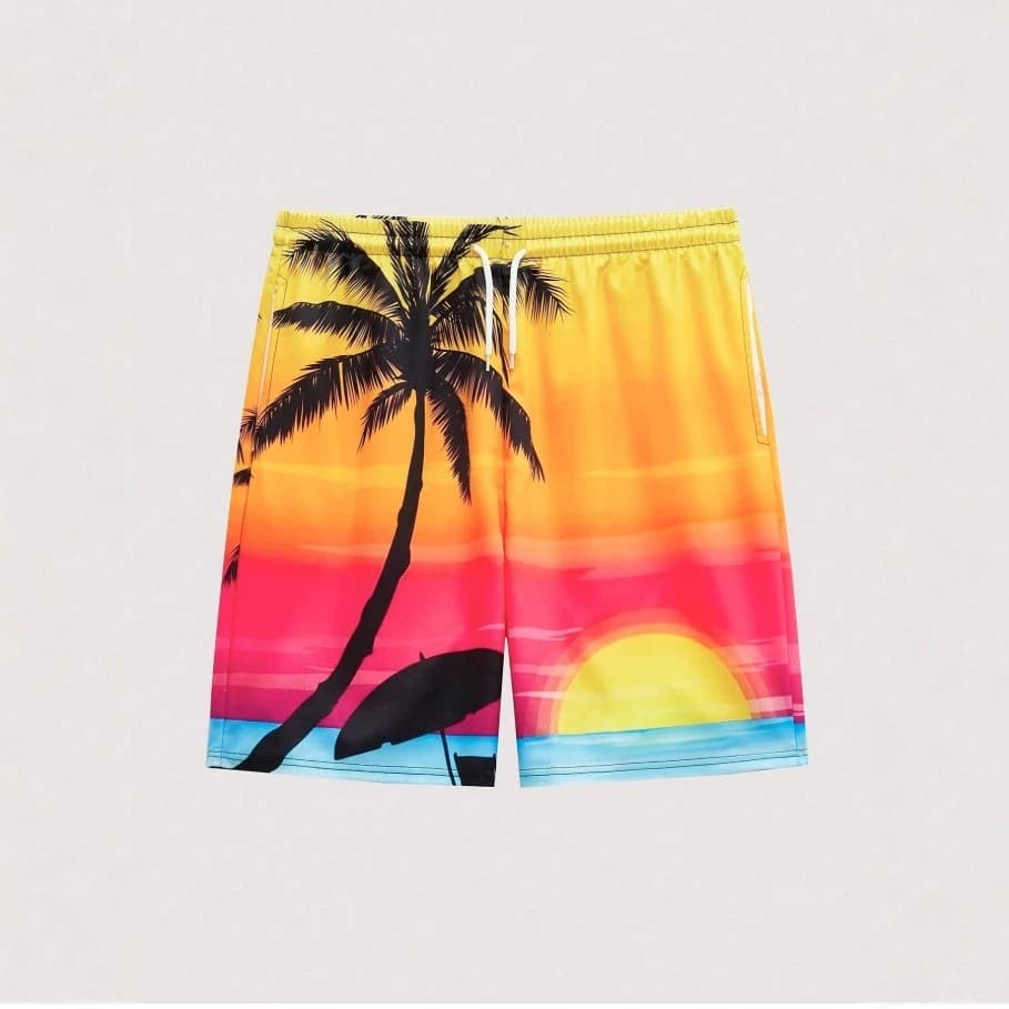 EU Size Men's Hawaiian Casual Beach Shorts Printed Drawstring Beach Pants Summer Hawaiian Vacation Beach Shorts