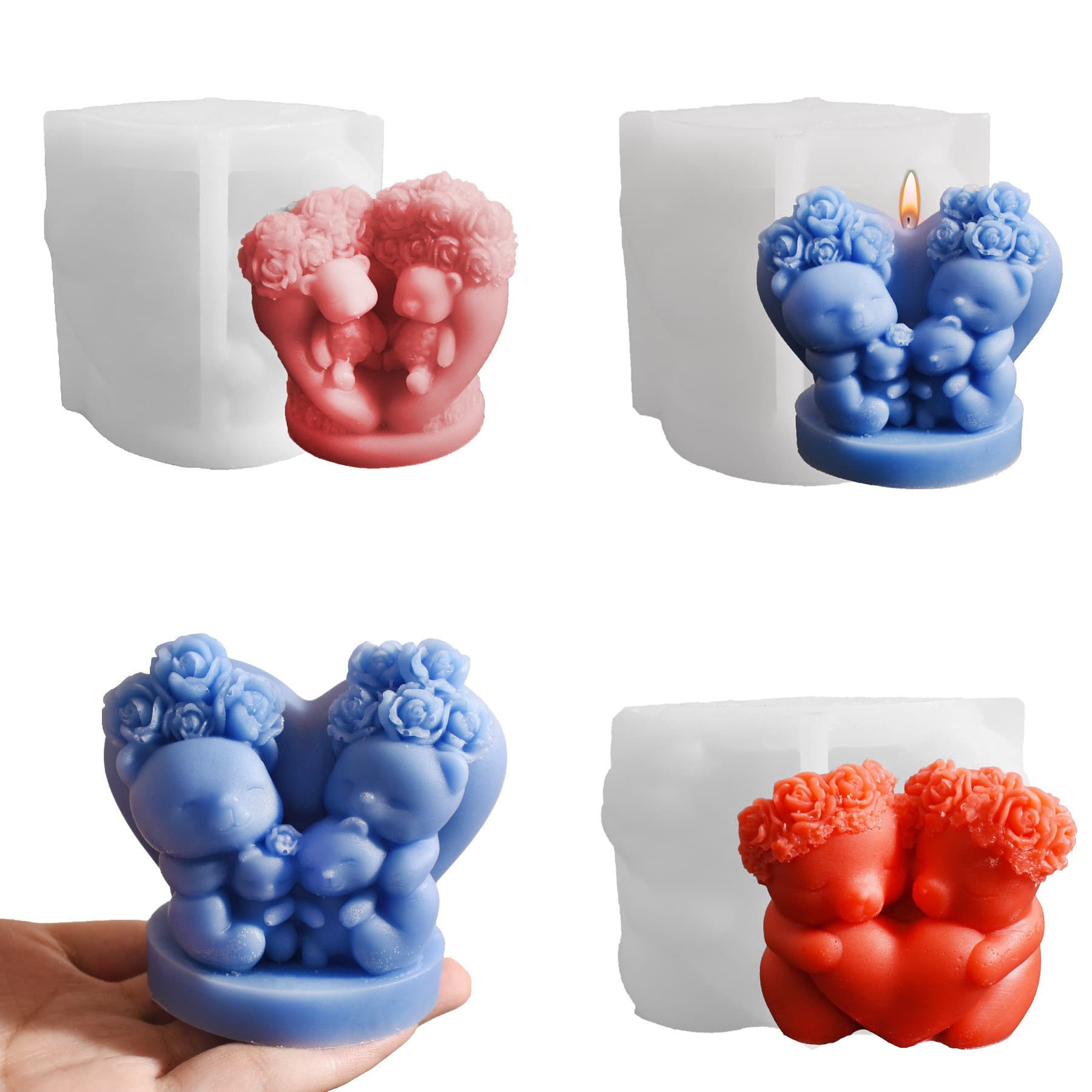 Rose Love Couple Bear Aromatherapy Candle Liquid Silicone Mold 3D DIY Bear Family Plaster Ornament