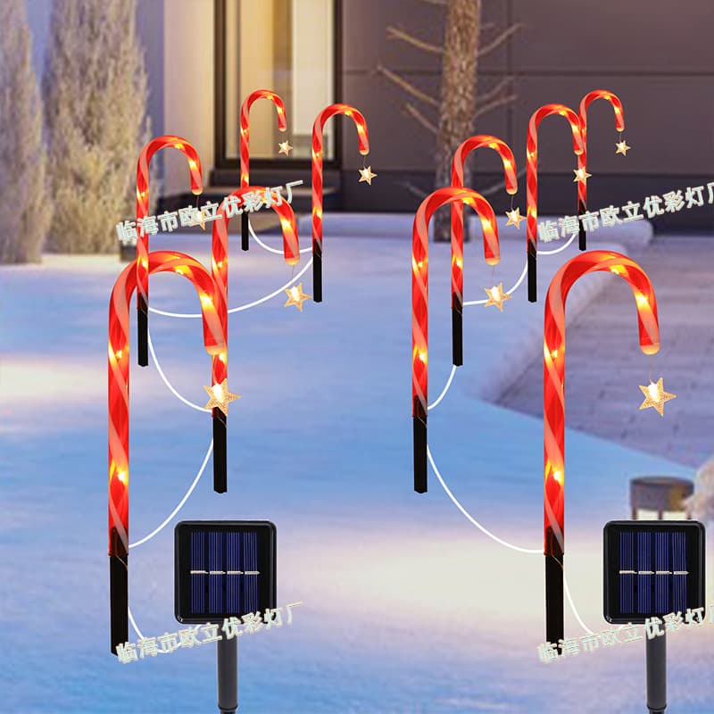Solar candy cane ground stake lights with snowflake and star LED strings - Waterproof battery case lawn colored light decorations