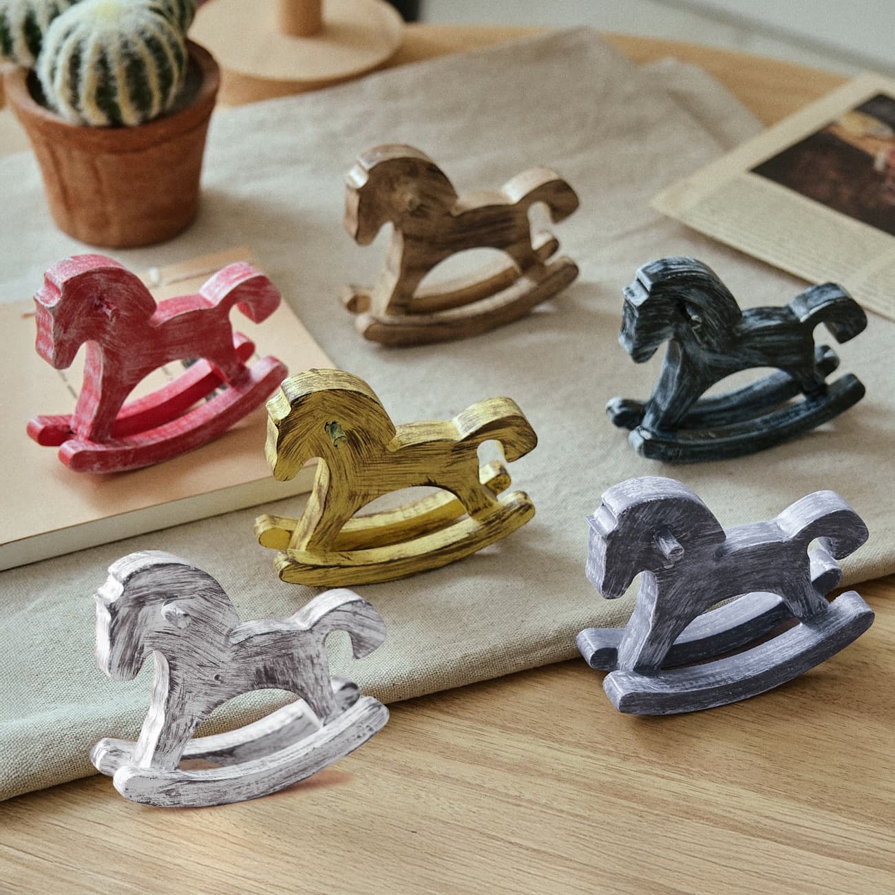 Creative Painted Wooden Rocking Horse Home Bedroom Study Decoration Office Desk Ornament Small Wooden Horse Model