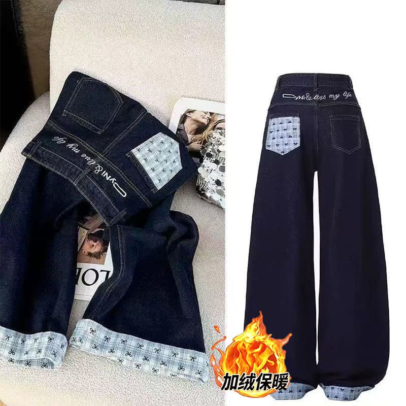 Dark blue jeans for women in autumn and winter plus velvet, lazy style, contrasting letter embroidery, high-waisted straight-leg cuffed wide-leg pants, trendy