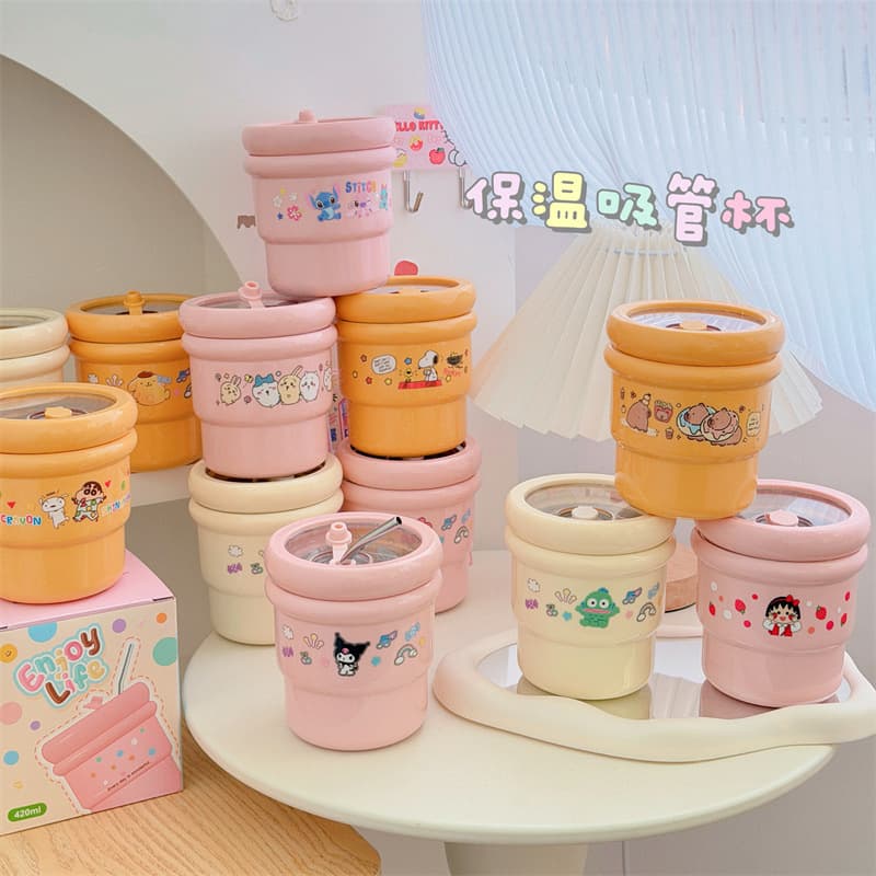 304 Stainless Steel Vacuum Flask, Straw Cup, Coffee Cup, Portable Water Cup, Cute Cartoon Cup, Insulated Large Mouth Cup
