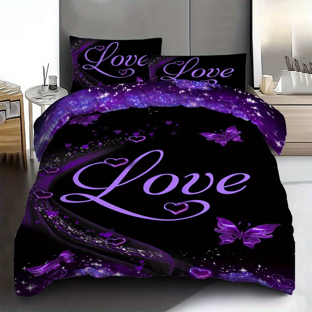 Cross-border Purple Butterfly Love Three-piece Couple Foreign Trade European and American Quilt Cover Digital Printing Bed Decoration