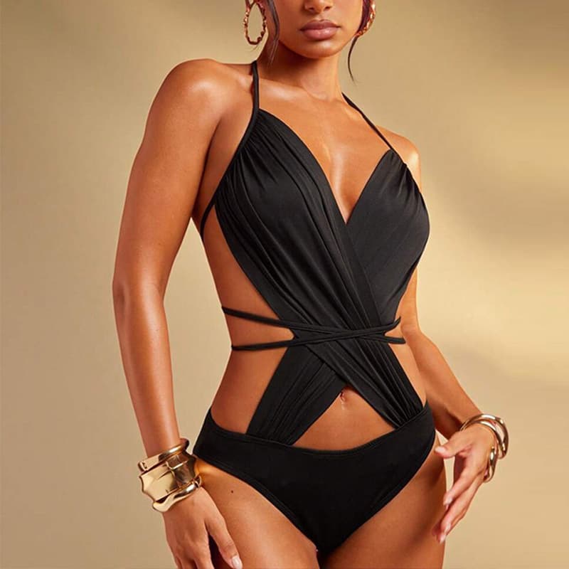 European and American Cross-Border Fashion Elegant Sexy Lace-Up Halterneck Jumpsuit with Cut-Out Detail, Solid Color, Summer Style