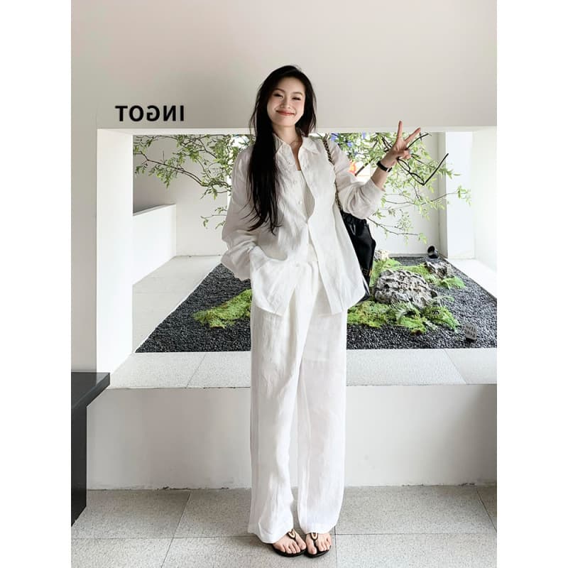 2026 New Cotton Linen Women's Set Casual White Shirt Spring Summer Fashion Elegant Linen Sun Protection Blouse Two-Piece Set