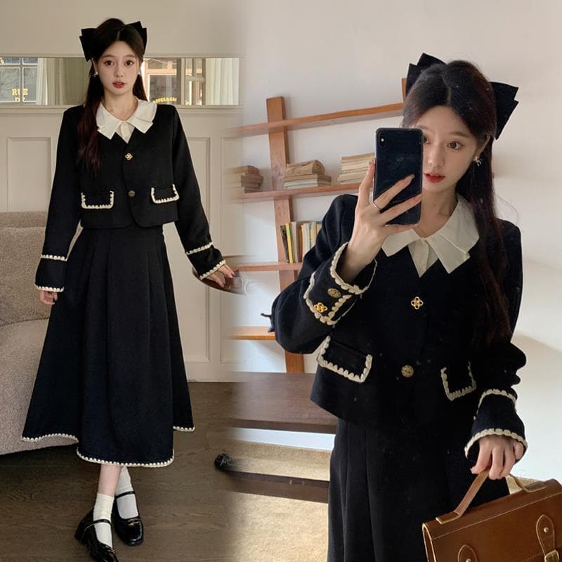 Women's Autumn/Winter New Two-Piece Set French Vintage Plus Size Women's Clothing Faux Two-Piece Jacket + Skirt