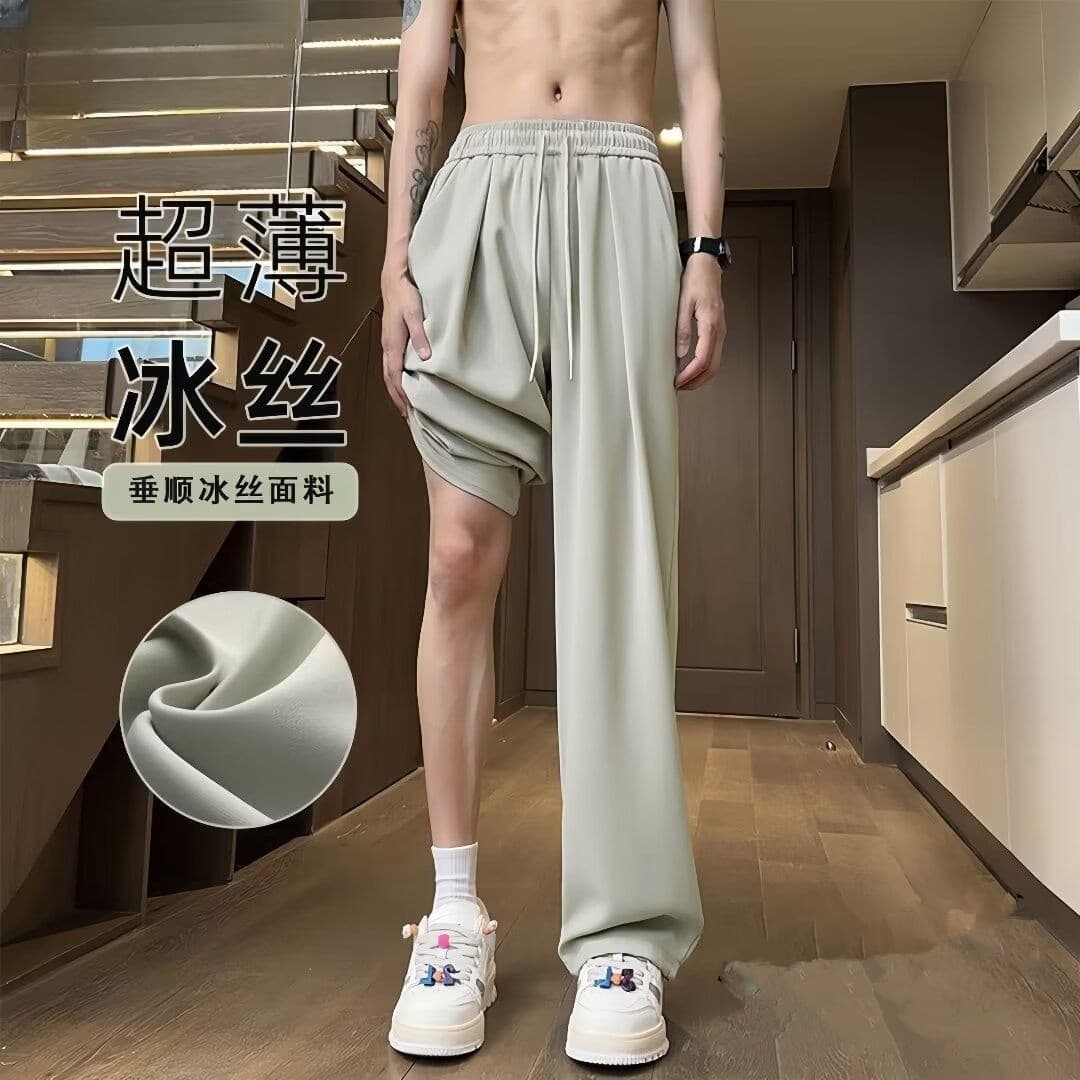 Ice Silk Pants for Men Spring Summer Thin Cool Air Conditioning Pants Loose Cheap Floor-Length Casual Suit Pants Draping Wide Leg Pants