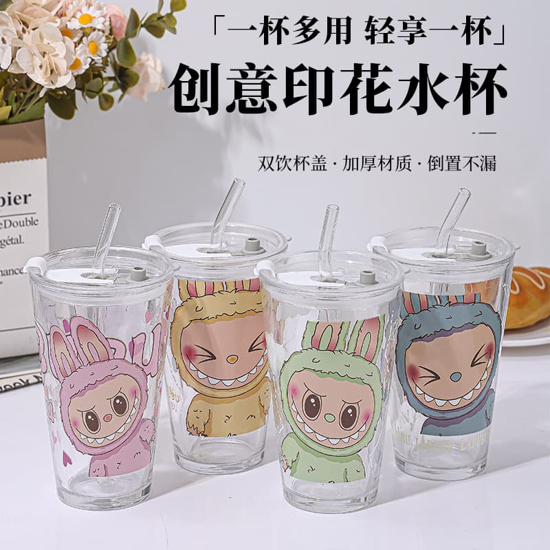 Popular labubu glass straw cup trendy doll labubu cartoon style water cup creative coffee cup water cup