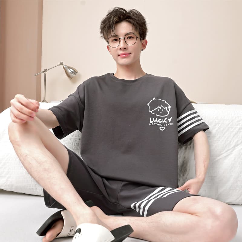 Youth Pajamas Men's Summer Short Sleeve Cotton Big Kid Student Cartoon Boy Full Cotton Plus Size Homewear Summer