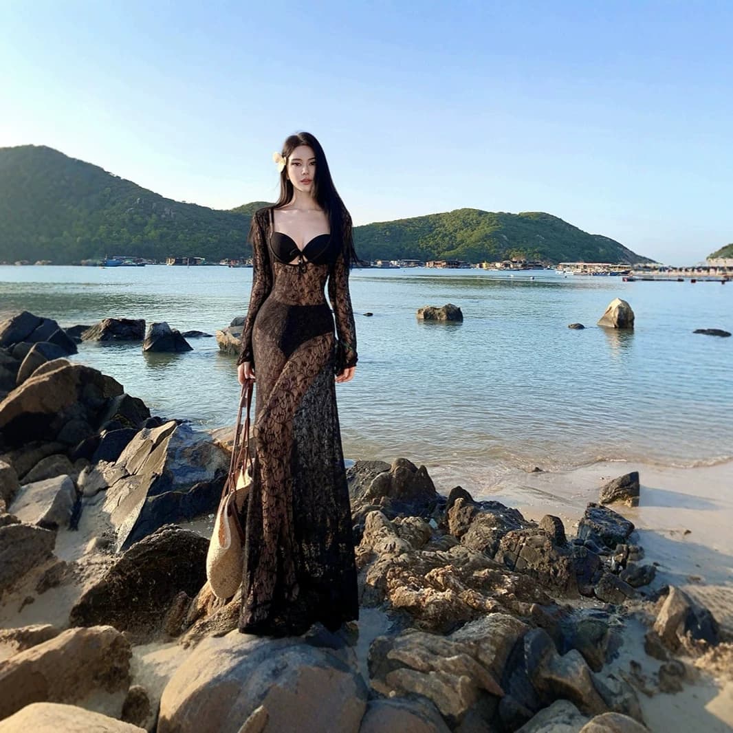 Elegant Black Lace Sheer Long Dress Slimming Sexy Beach Vacation Cover-Up