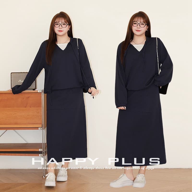 Deconstructed Seam High-Waist A-Line Midi Skirt Runqi 9120-1 Plus Size Preppy Casual Skirt Three-Piece Set
