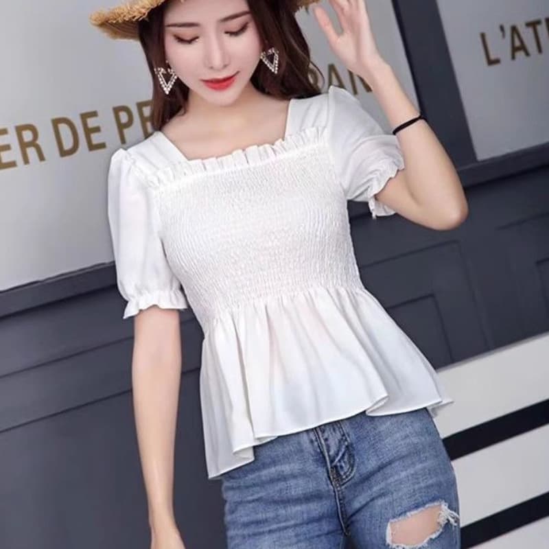 [Original workmanship] Women's chiffon short-sleeved shirt, waist slimming, belly-covering, ruffled puff sleeves, French lock