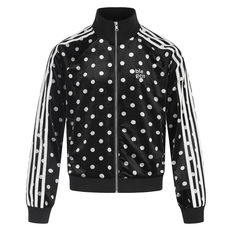 Shiny velvet polka dot stand collar jacket with three white stripes on the side and small embroidery on the chest, loose casual top for men and women