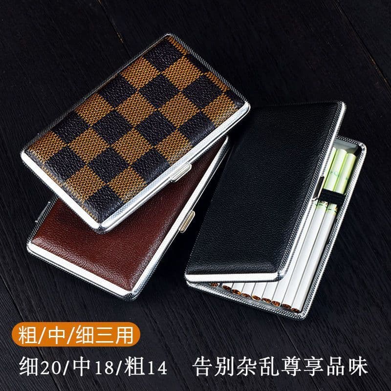 Leather Cigarette Case for Women, Slim 20-Cigarette Holder, Portable Creative Metal Moisture-Proof Lightweight Long Cigarette Box for Men