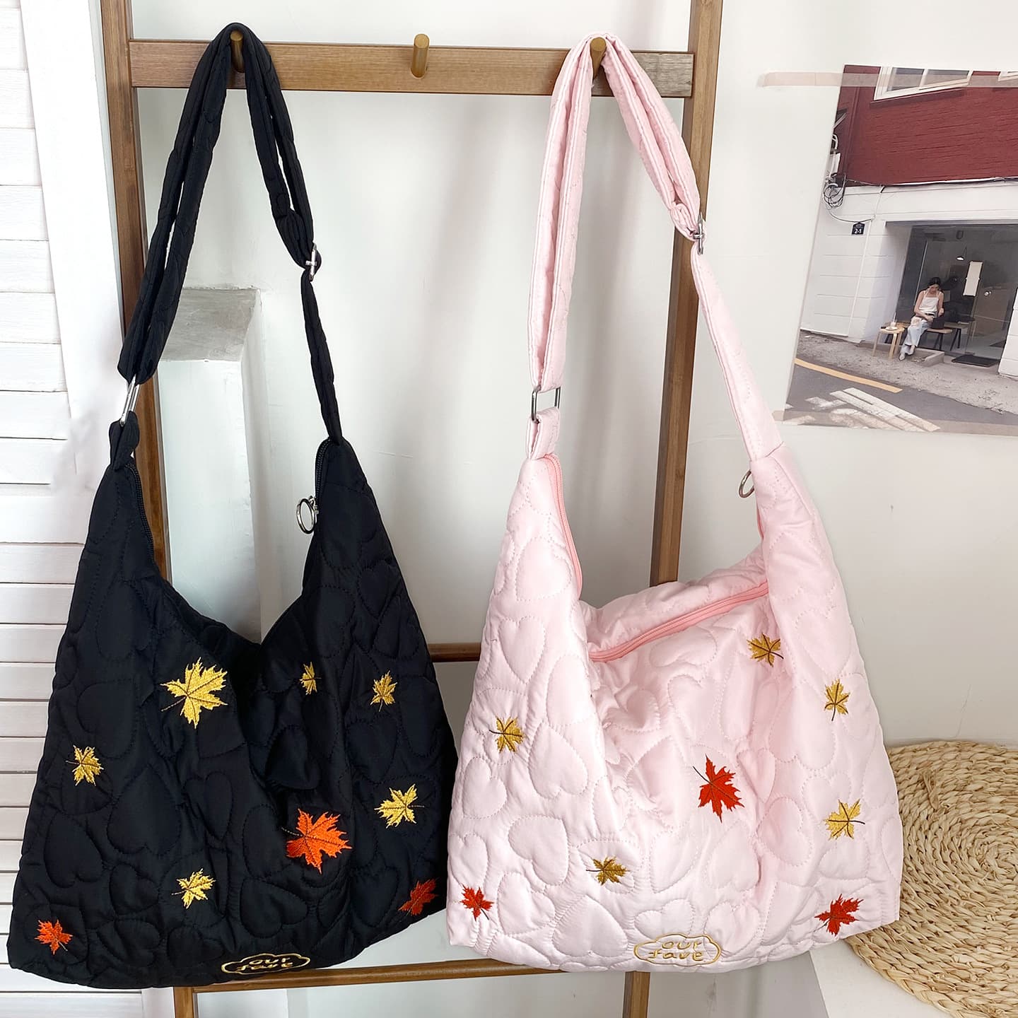 Autumn maple leaf embroidery crossbody bag cloud-like girly heart crescent shoulder bag Korean style retro lazy style hobo bag for women