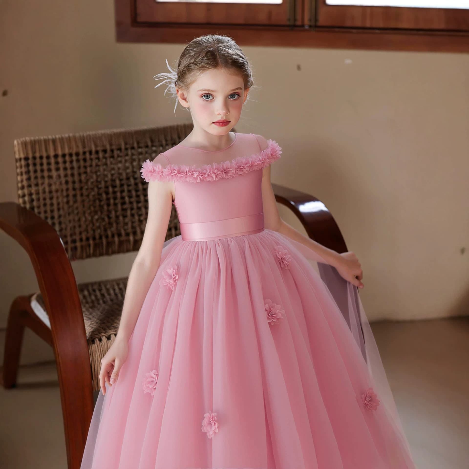 Cross-border foreign trade dress, flower girl, mesh skirt, model piano performance outfit, girl's birthday party host princess skirt