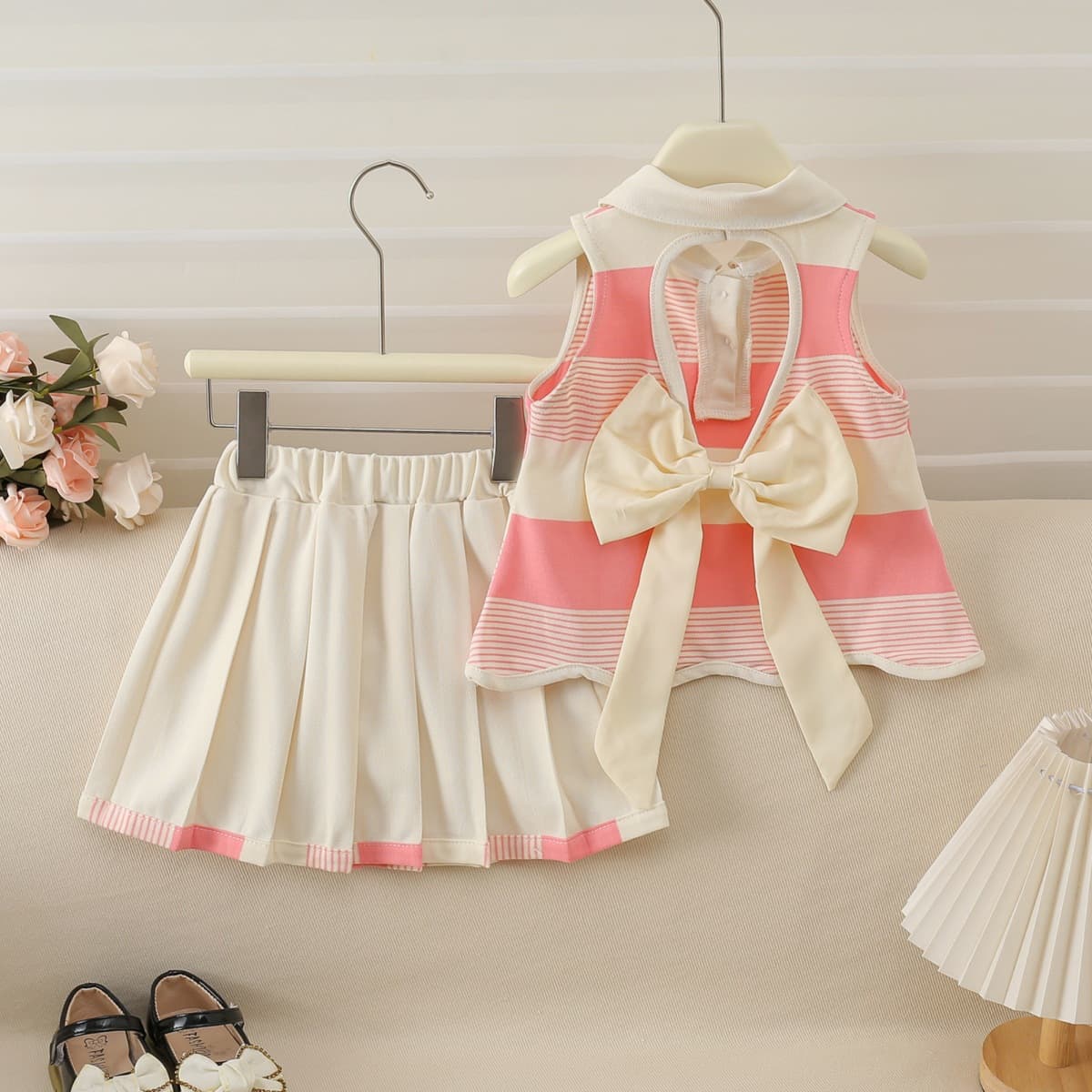 Girls Summer Skirt Set 2025 New Back Hollow Bow Pleated Skirt Two-Piece Set