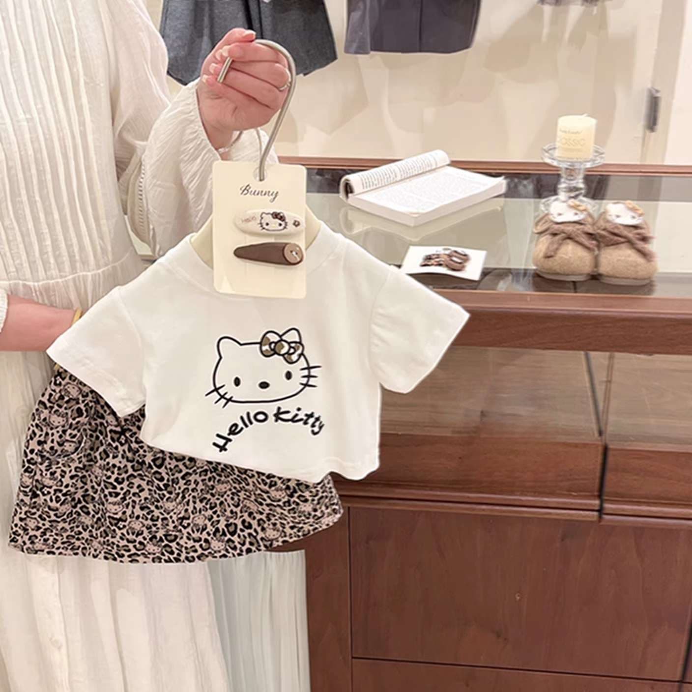 [Sweet Xiaosi] Girls Suit Summer 2026 Children Baby kt Cat Short Sleeve T-Shirt Leopard Print Skirt Two-piece Set