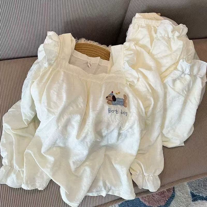 Spring and autumn new thin style pajamas with breast pads for women cloud cotton three-dimensional flower long-sleeved trousers sweet home clothes set