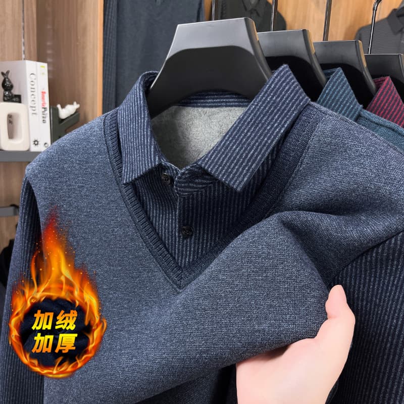 Men's Thickened Fleece-Lined Winter Sweater, Casual Dad Style, Warm Turn-Down Collar, Faux Two-Piece Knit Sweater