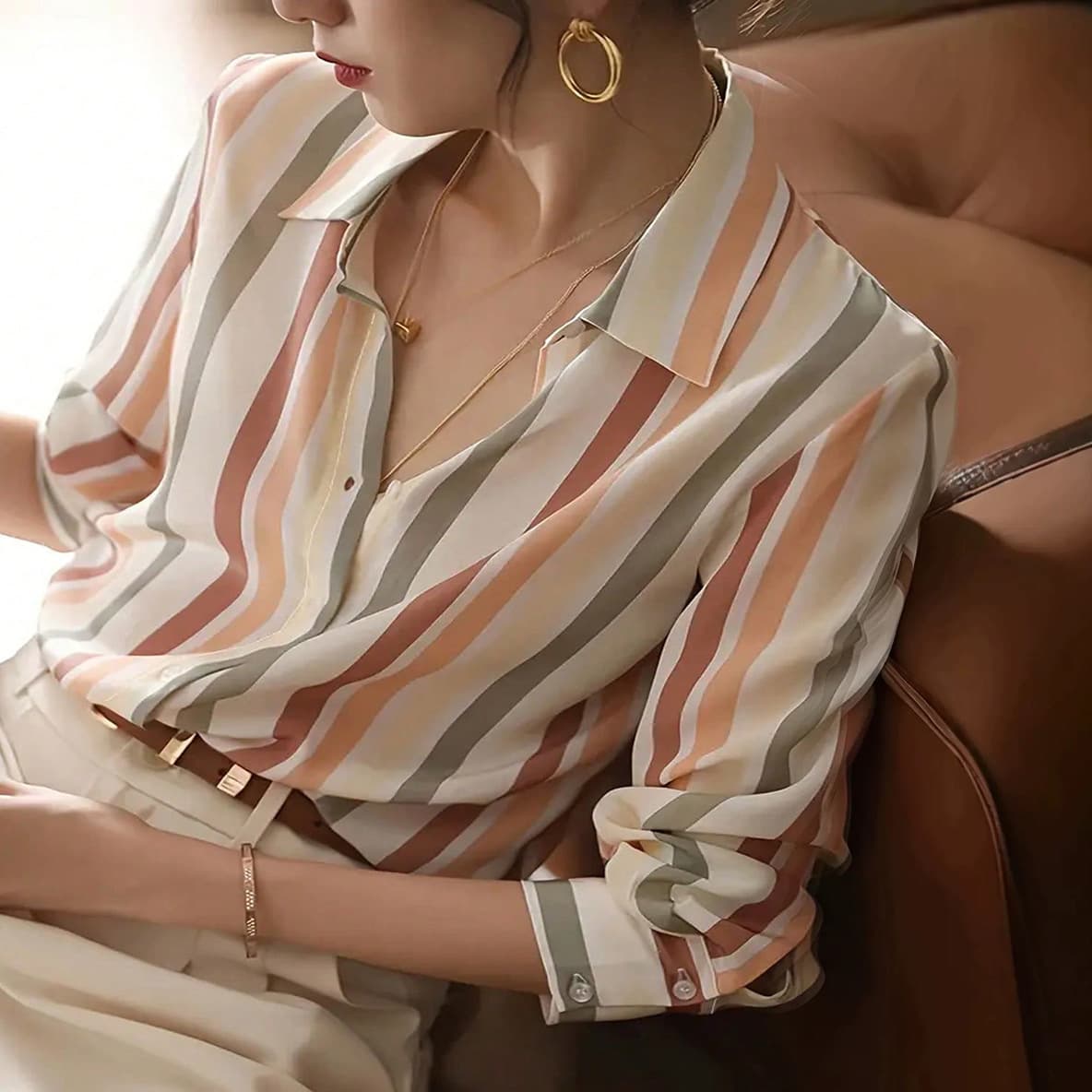 2026 cross-border women's new shirts, women's casual commuting shirts, striped contrast button shirts, niche replica
