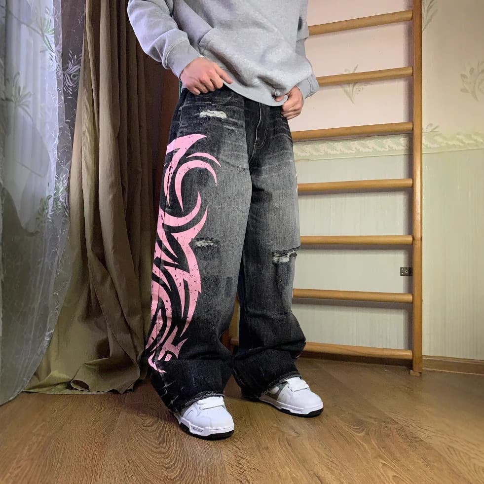 Jaded London American Vibe Printed Jeans Unisex High Street Design Floor-Length Pants Cross-Border