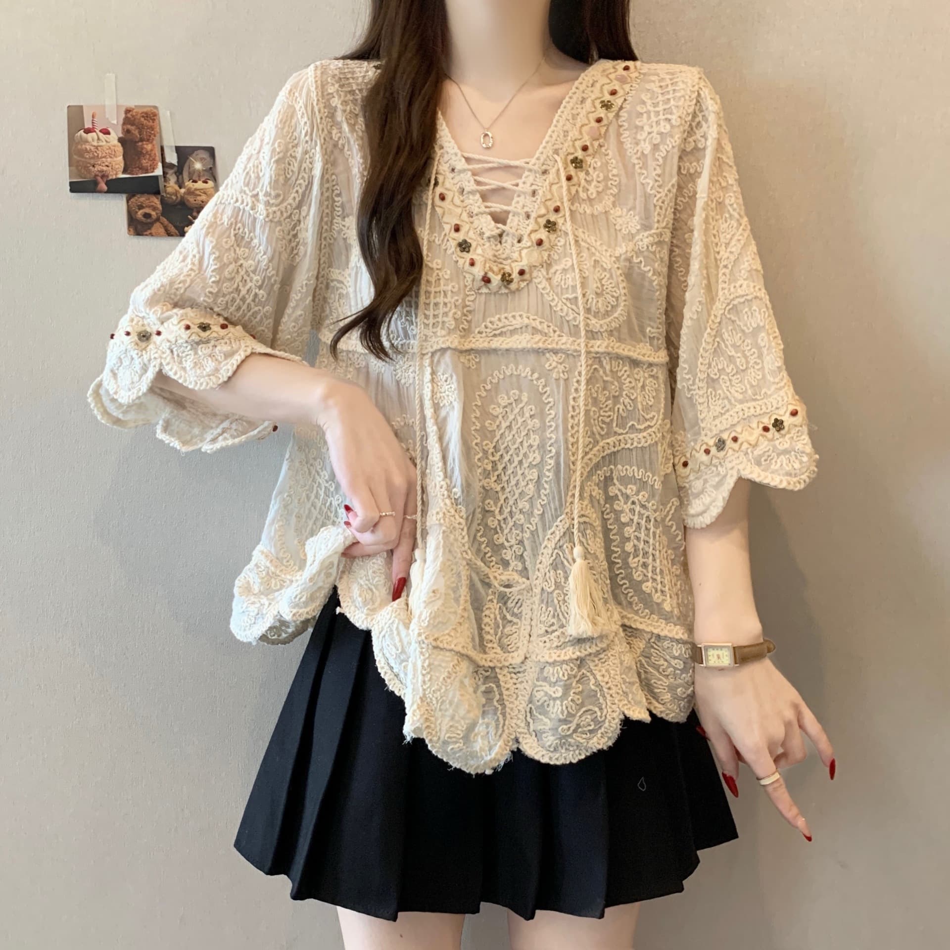 Women's Knitted Sweater Bohemian Embroidered Lace Top New Summer Thin Plus-Size Sun Protection Cover-Up