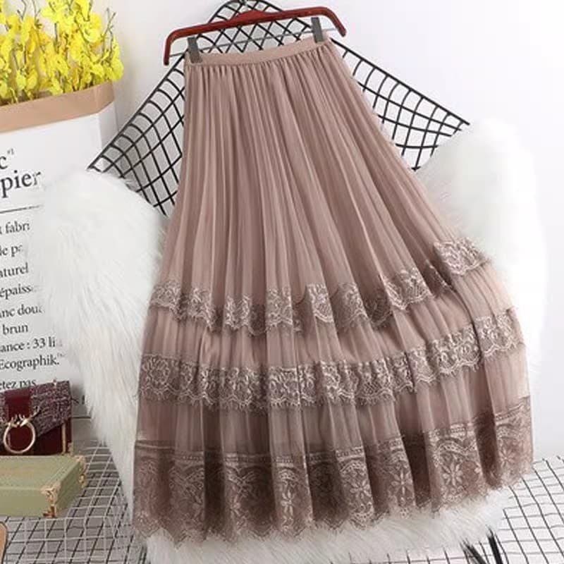 Large size mesh skirt A-line spliced lace cake pleated skirt mid-length skirt fairy gauze skirt
