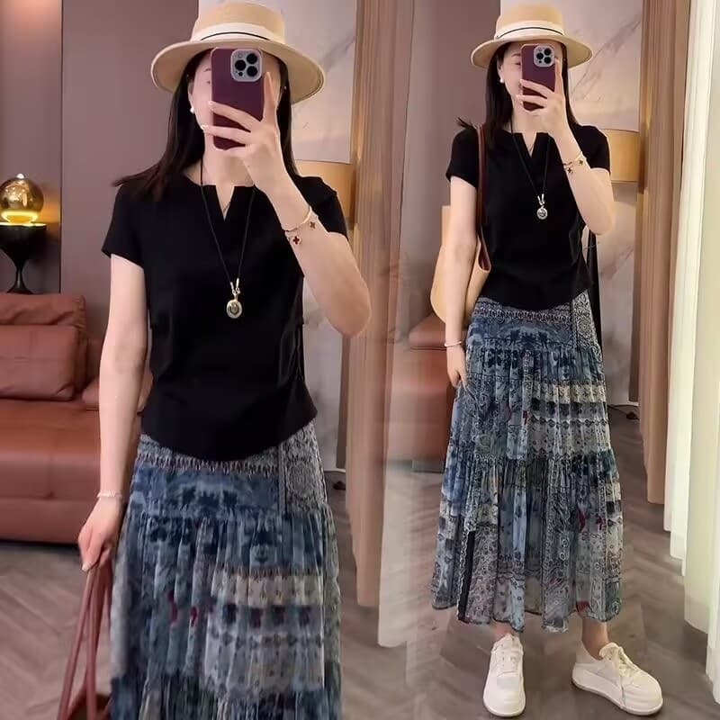 Summer Set for Women 2026 New Vacation Style Fashion Casual Short Sleeve T-Shirt + Floral Skirt Two-Piece Set