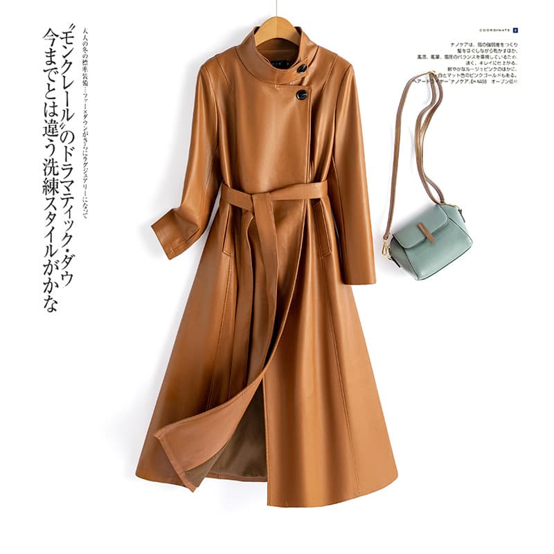 2024 New High-end Sense Leather Clothing Elegant with Belt Waist Long Coat Women's High Quality PU Coat Live Explosion
