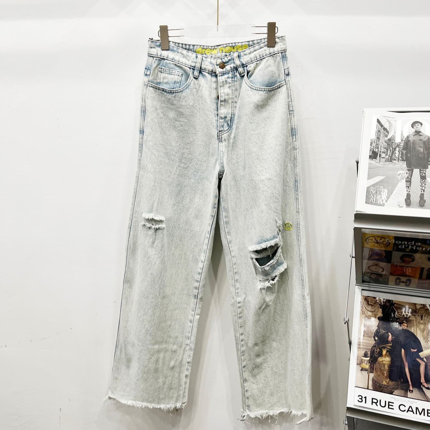 25ss Correct Version DREW Jeans Smiley Face Distressed Ripped American Men's Long Pants Loose Fit Fashionable Baggy Jeans
