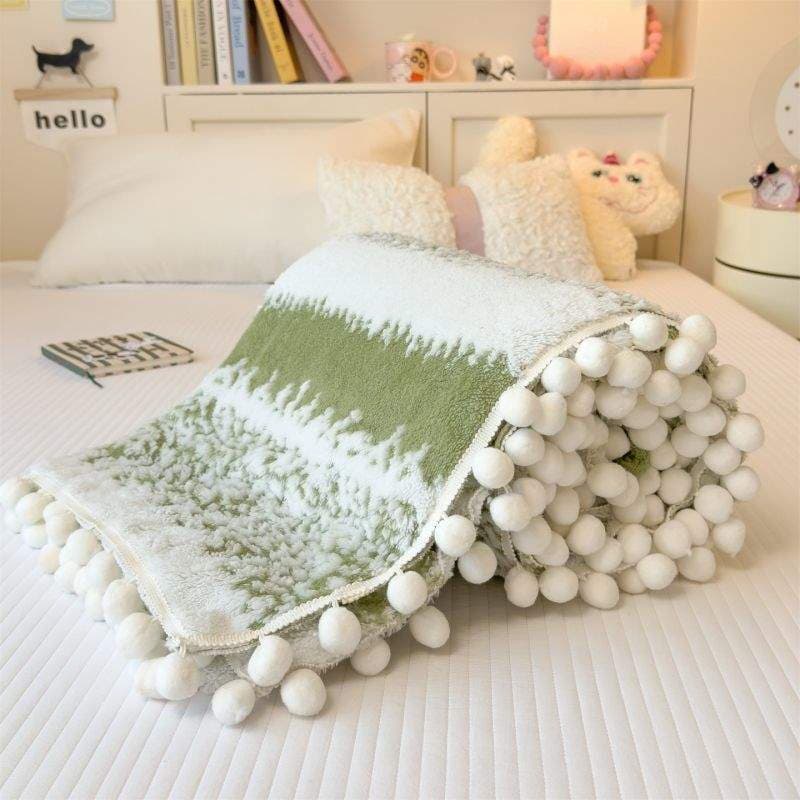 Winter Pom-pom Milk Fleece Coral Fleece Home Blanket Thickened Nap Cover Office Throw