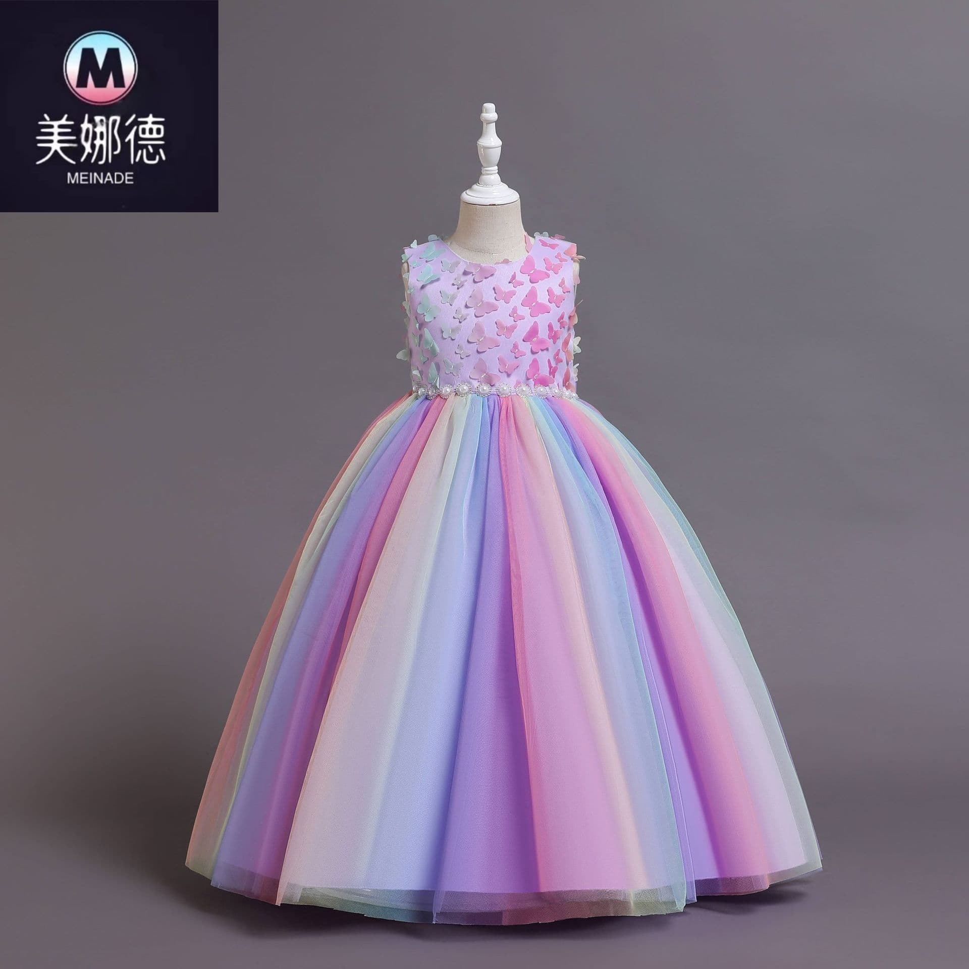 European and American Children's Princess Dress, Sleeveless Tulle Rainbow Skirt, Girls' Wedding Banquet Piano Performance Costume