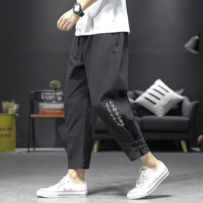 Men's Linen Pants Summer Thin New Chinese Style Trousers with Embroidery Loose Straight Cotton Linen Cropped Pants
