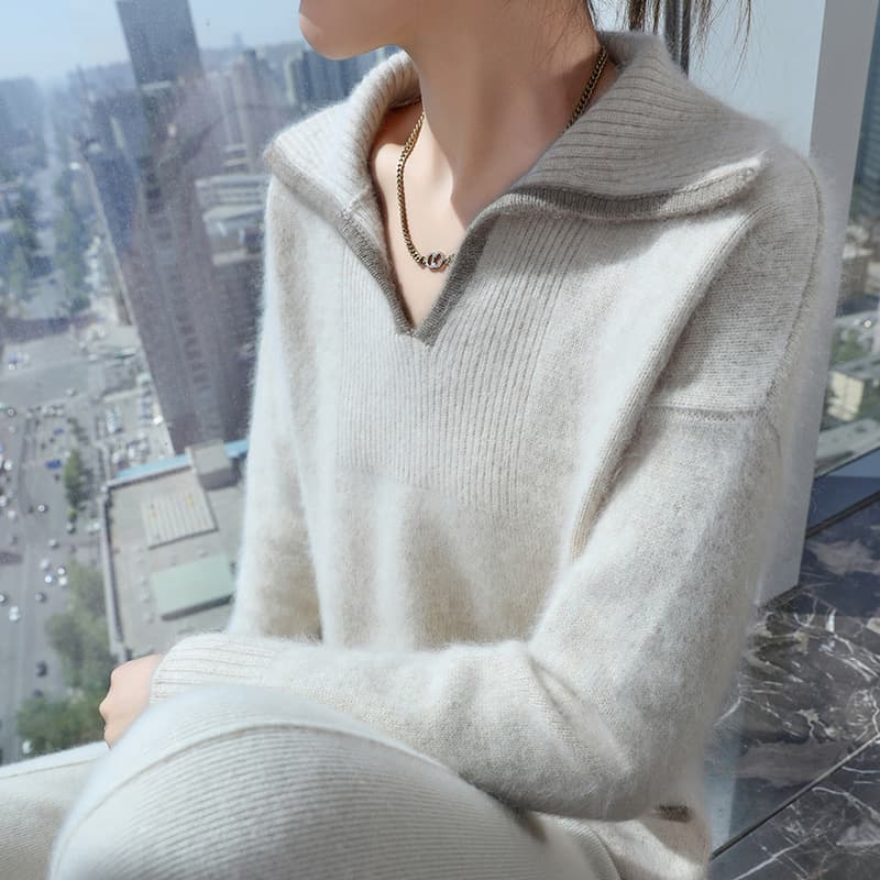 Color-blocked sailor collar base layer top, 2024 autumn/winter new style women's pullover sweater, sweet style, loose and slimming mink cashmere sweater