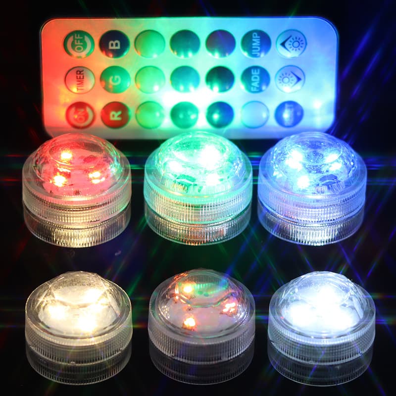 Remote Control LED Submersible Mini Light for Fish Tank, DIY Decoration, Atmosphere, White/Warm Light, Round Button Rotating Light