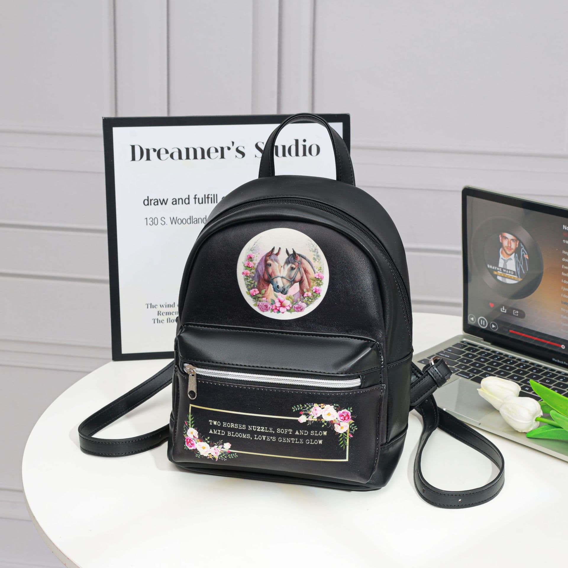 2026 Year of the Horse New PU Backpack Floral Double Horse Print Casual Mini Backpack for Women
