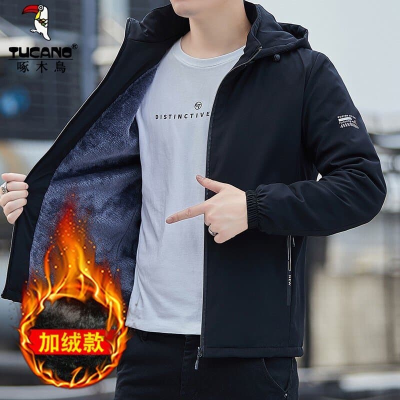 Woodpecker jacket men's autumn and winter velvet thickened hooded men's top spring and autumn loose casual jacket for boys