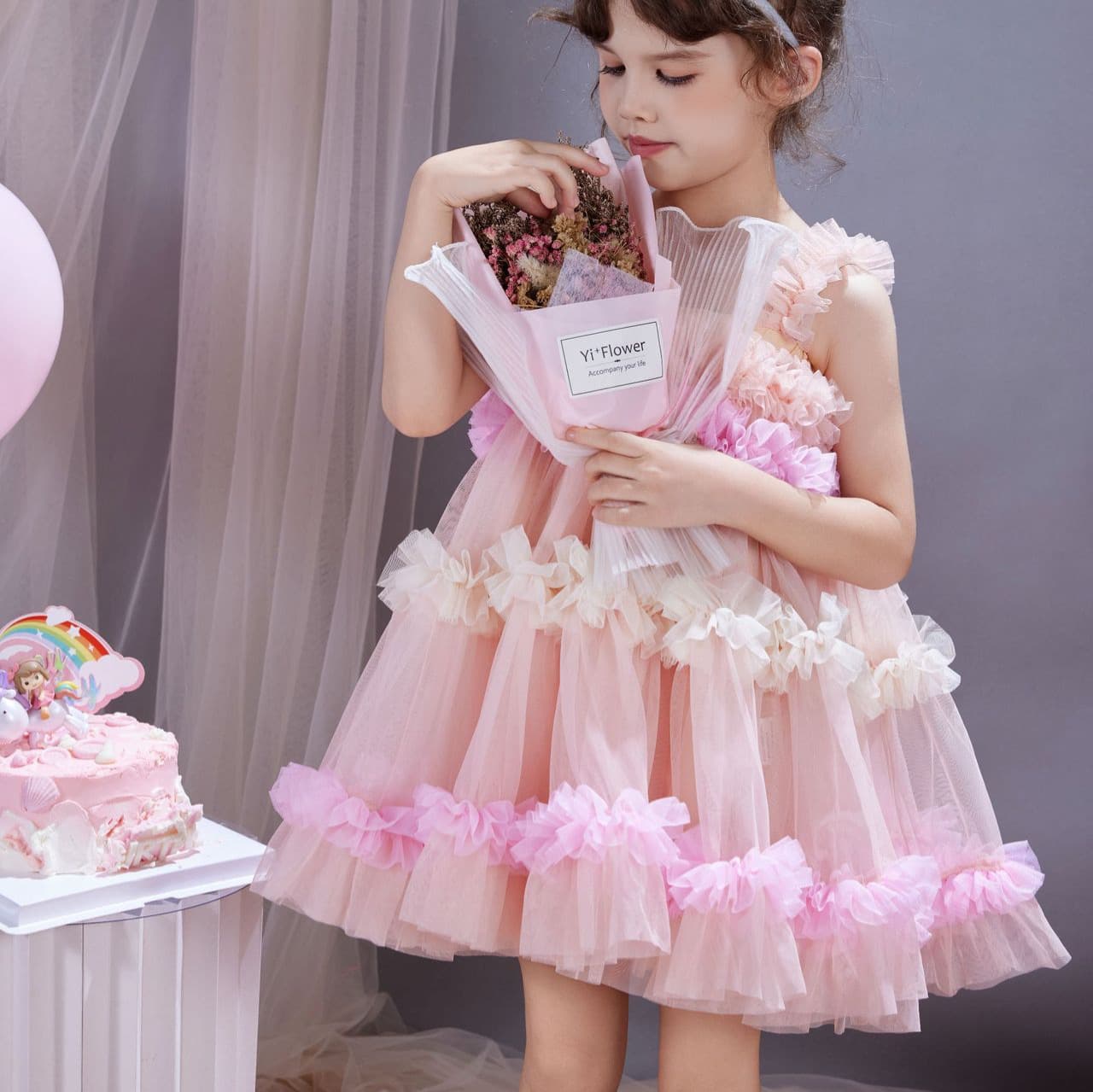 Girl's Birthday Princess Dress Rainbow Pink Spaghetti Strap High-End Tulle Lace Dress