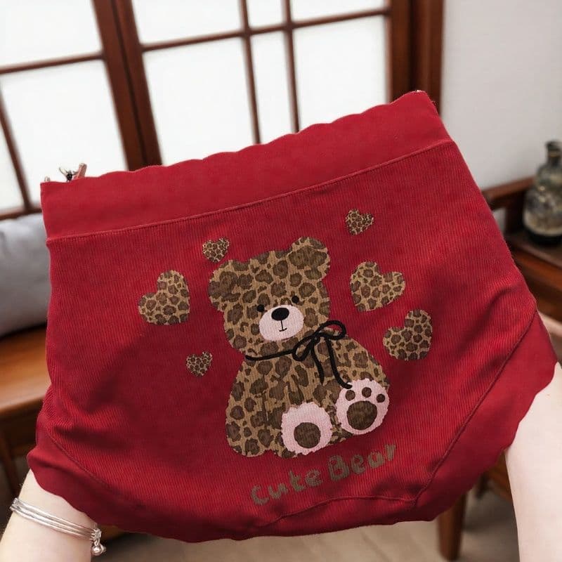 Mid-High Waist Seamless Women's Underwear Bear Cartoon Ribbed Cotton Plus Size Antibacterial Crotch Hip-Hugging Panties