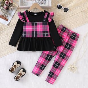 Girls European American Spring Autumn Plaid Fake Two-Piece Long Sleeve Top + Long Pants Two-Piece Skirt Set Ins