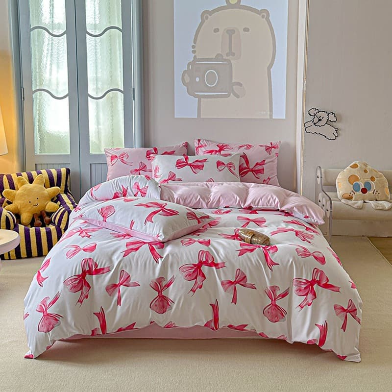 2025 New Bowknot Machine Washable Cotton Bedding Set, Dormitory 3-Piece Set, Drop Shipping Supported
