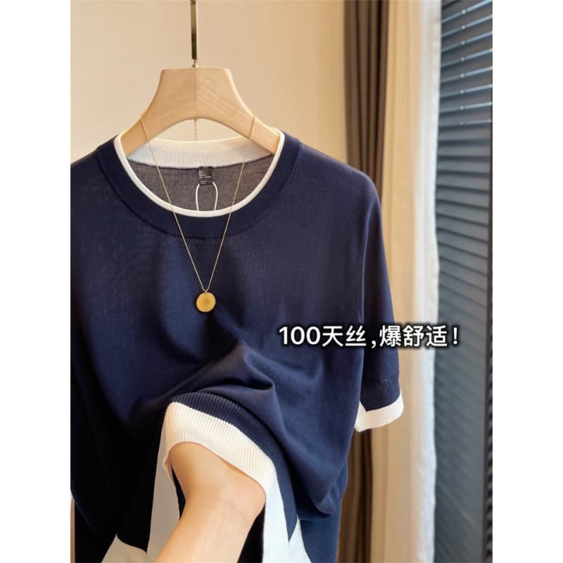 Color-block design vintage knowledge commute simple false two-piece slim round neck short-sleeve knit top women summer H071508