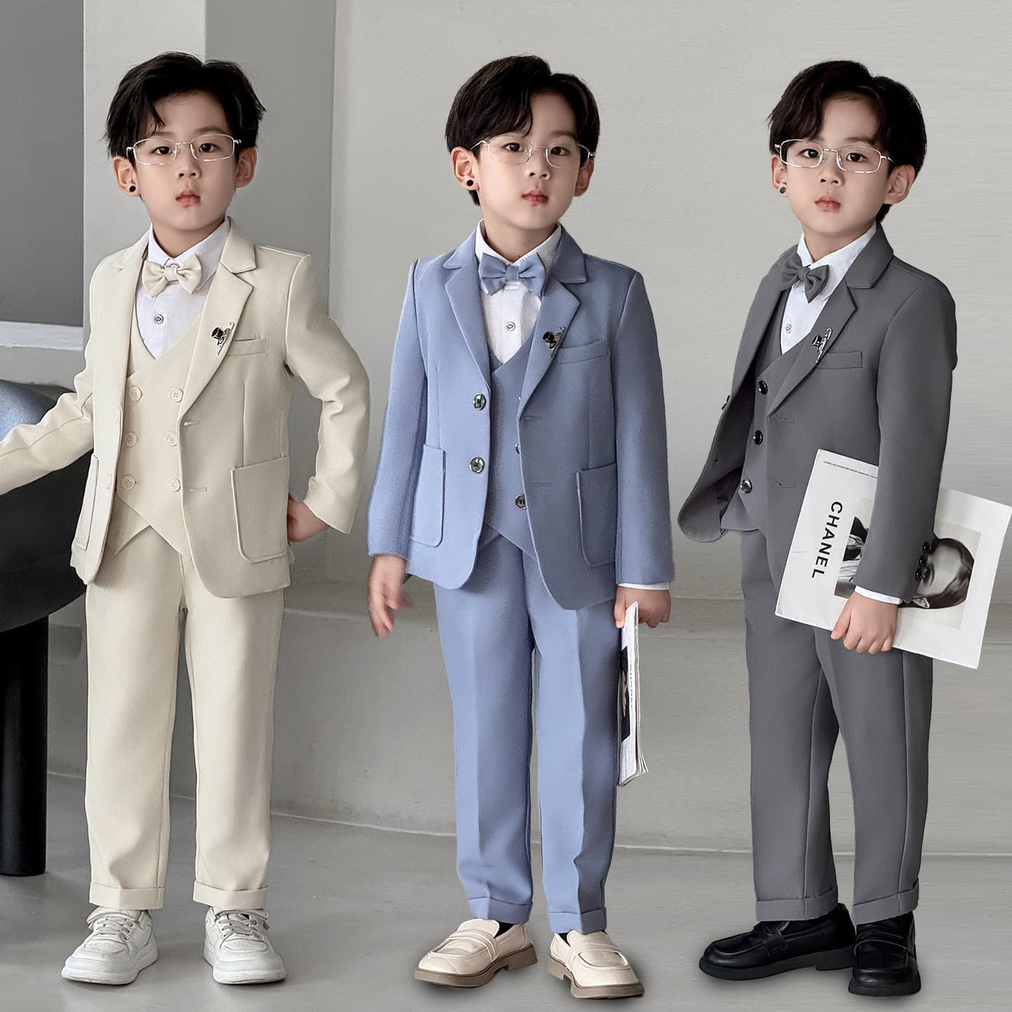British Style Boys' Suit Set, Little Host Premium Birthday Suit, Flower Boy Piano Performance Outfit for Middle and Older Children
