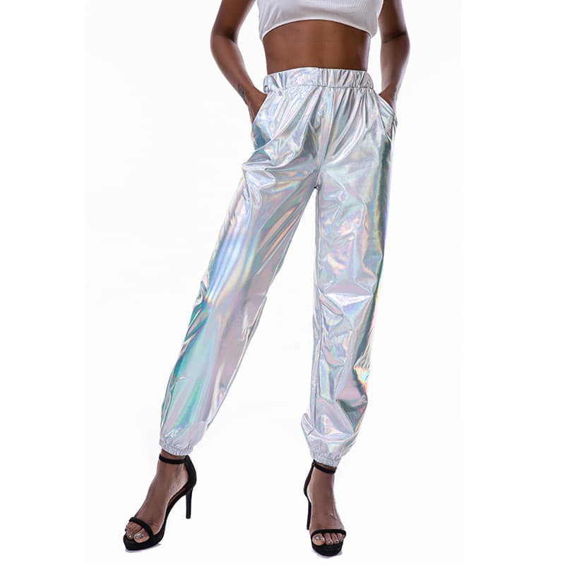 Street-style hip-hop jogger pants, trendy casual sports pants, party-themed shimmering iridescent sweatpants, patent leather laser iridescent long pants