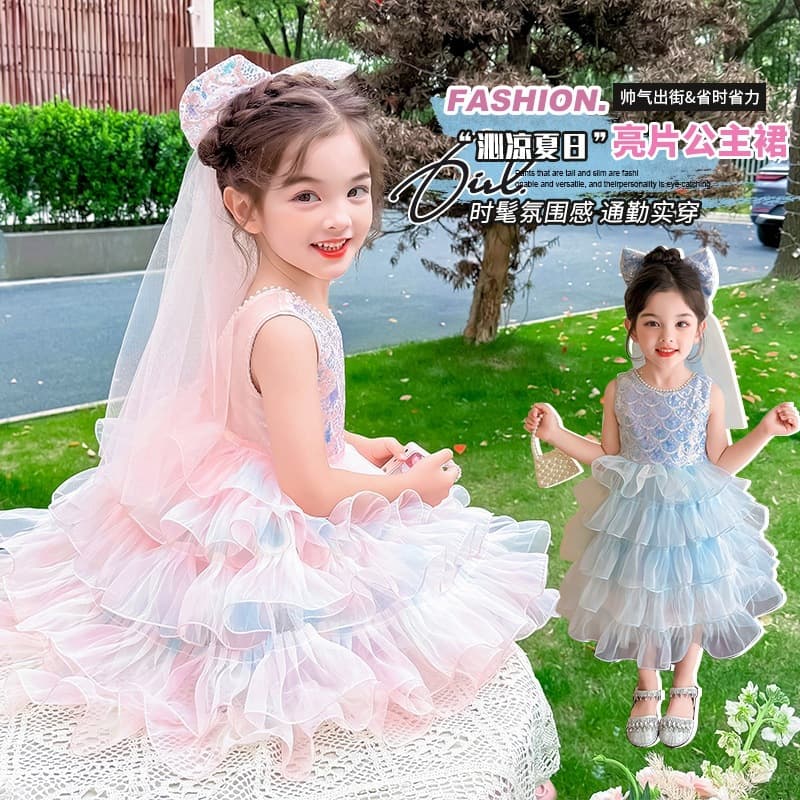 Girls Summer Dress Children Sequined Mermaid Princess Dress Birthday Dress Little Girl Vest Dress Children's Day