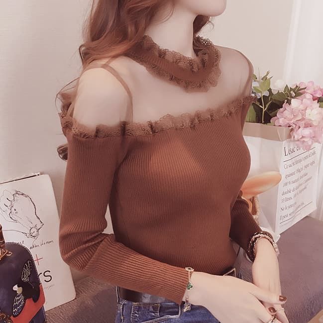 Spring Celebrity Sexy Sheer Mesh Off-Shoulder Lightweight Knit Top for Women, Slim-Fit Lace-Trim Base Layer