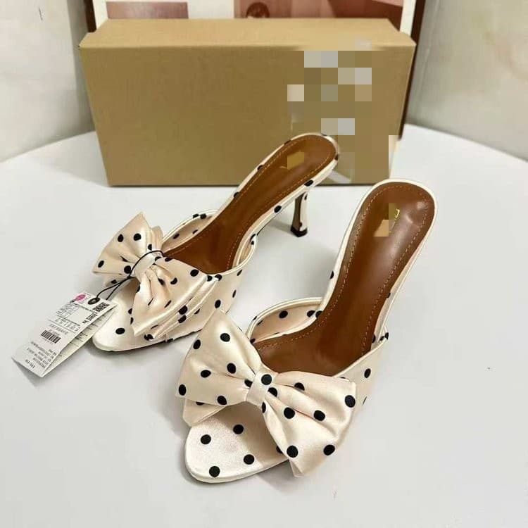 Stiletto Heel Versatile Sexy Bow-Decorated Slide Sandals 2026 Summer New Cute Polka Dot Open-Toe Slippers for Women